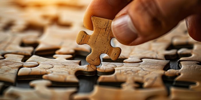 Businessman connects jigsaw puzzle symbolizing solution strategy