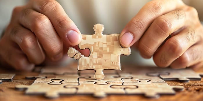 Close up of business people hand assembling jigsaw puzzle with missing piece