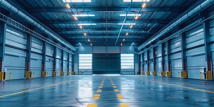 Spacious empty warehouse with bright lighting