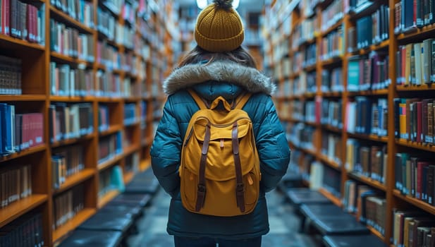 Young woman with backpack stands amidst library bookshelves