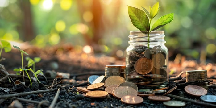 Plant growing out of coins in a glass jar with copy space