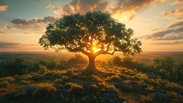 Old oak tree on the hill at sunset.