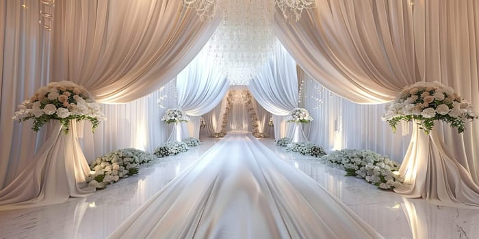 Elegant wedding aisle adorned with white floral arrangements