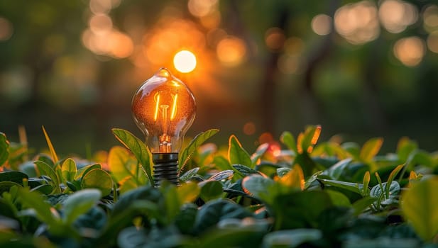 Incandescent light bulb in the garden at sunset