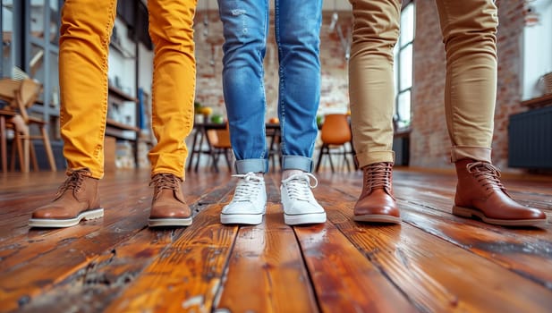 Diverse group of people showcasing their footwear on a wooden floor indoors