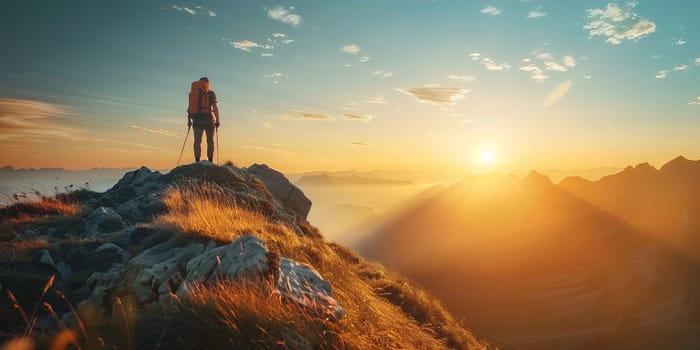 Hiker standing on top of a mountain and looking at the sunset