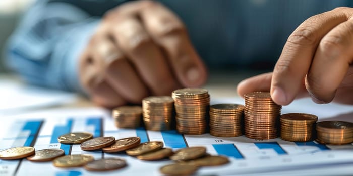 Businessman analyzing stacked gold coins on a graph