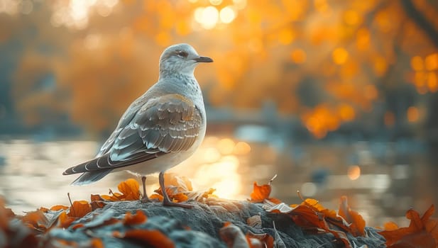 Seagull sitting on a rock by the lake in autumn.