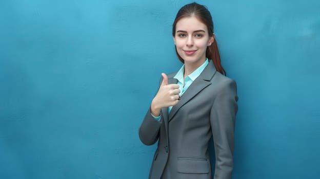Asian businesswoman shows approval against blue wall