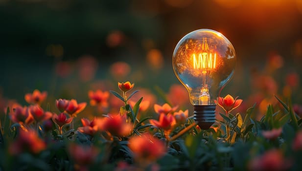 Incandescent light bulb in the flower garden. Conceptual image.