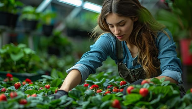 Young woman harvests fresh strawberries in a lush greenhouse