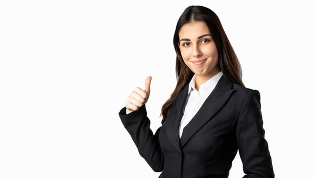 Beautiful business woman showing thumbs up gesture isolated on a white background