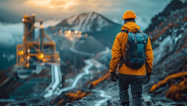 Man in yellow jacket observes mountain mining operations