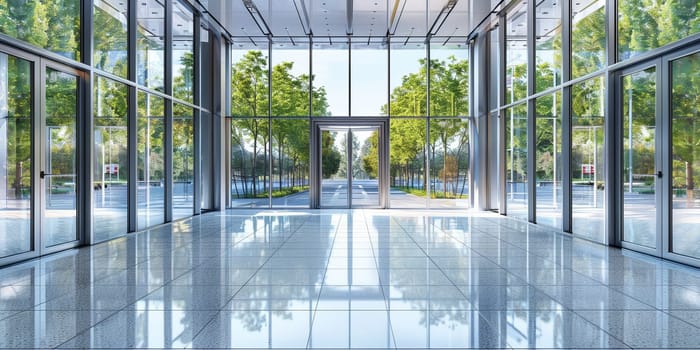 modern office building with glass wall and tiled floor, perspective view