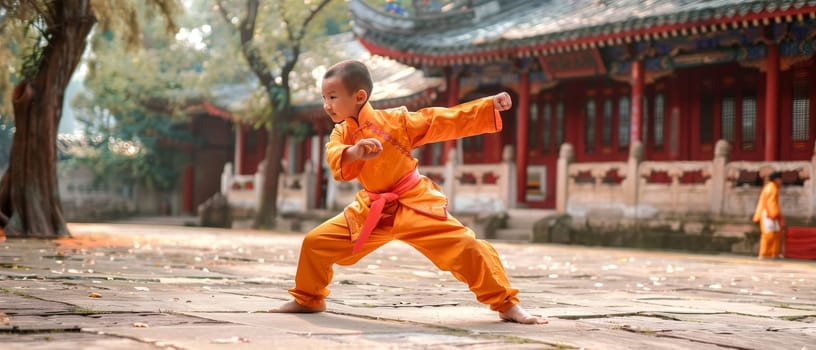 In the soft glow of autumn, a child in an orange martial arts uniform perfects a stance, combining grace and discipline amidst historic architecture