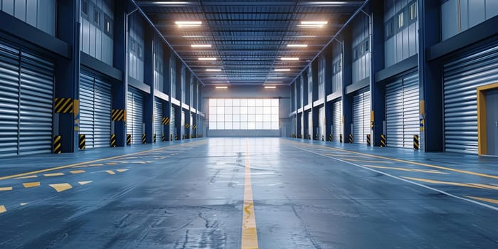 Spacious warehouse with blue doors and yellow lines