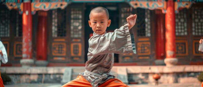A focused Shaolin monk child demonstrates a powerful martial arts stance against a backdrop of vivid temple details and intricate patterns