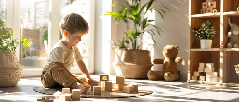 A child sits peacefully on a mat, surrounded by wooden block creations. The warm sunlight and shadow play give the scene a serene and artistic quality