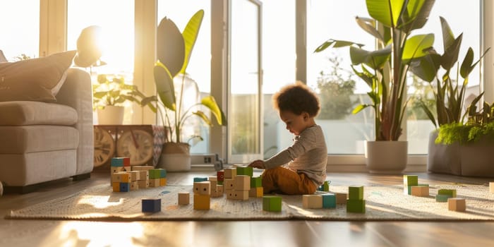 A young child plays thoughtfully with blocks on a rug, surrounded by lush indoor plants bathed in sunlight. The scene is a blend of nature and play in a serene home setting