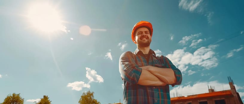 A builder's optimistic outlook shines as brightly as the sun behind him, captured in a plaid shirt and orange hard hat. His crossed arms and upward gaze reflect hope and ambition for the project