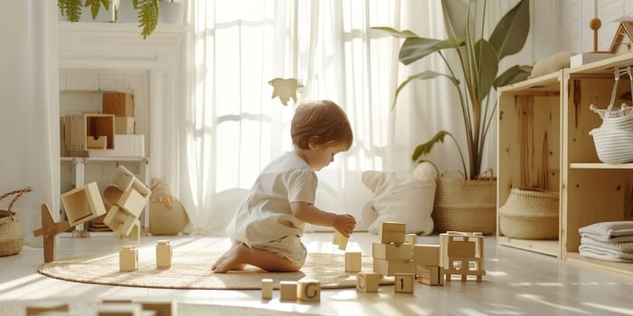 In a well-lit room, a toddler sits on a rug, arranging wooden blocks with deep concentration. The peaceful ambiance is enhanced by the soft lighting and natural wood tones