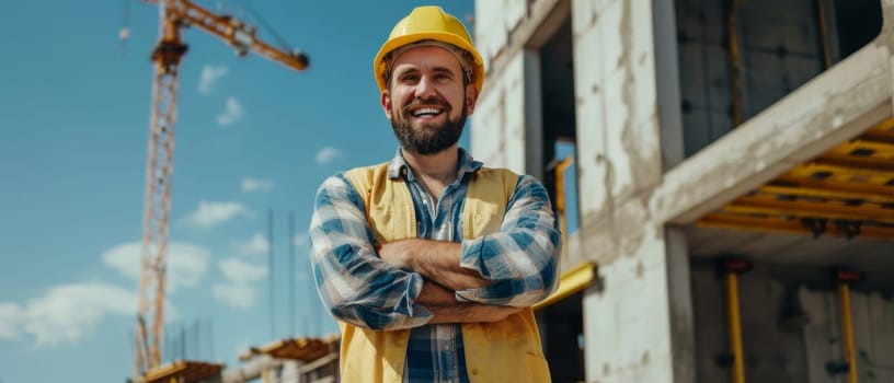 A construction supervisor wearing a yellow hard hat exudes happiness at a construction site, with crane and clear sky behind him. His folded arms and contented expression showcase successful project