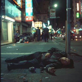 A man lies on the street at night, surrounded by the city's indifference. The harsh reality of urban life contrasts with the neon glow in the background