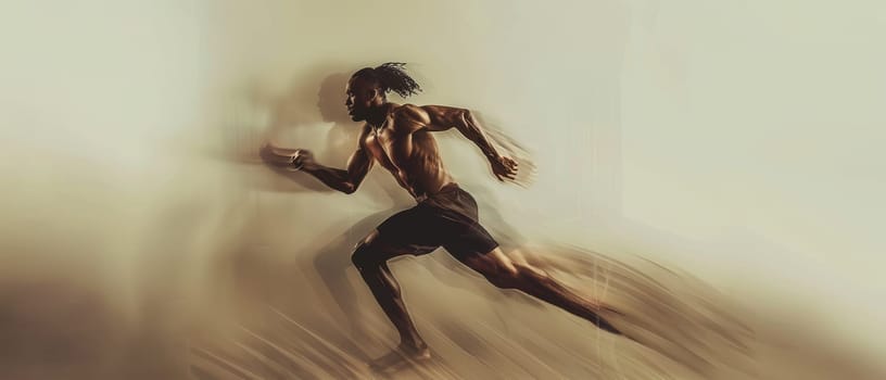 Muscular male athlete sprinting fiercely, with a dramatic motion effect highlighting his speed