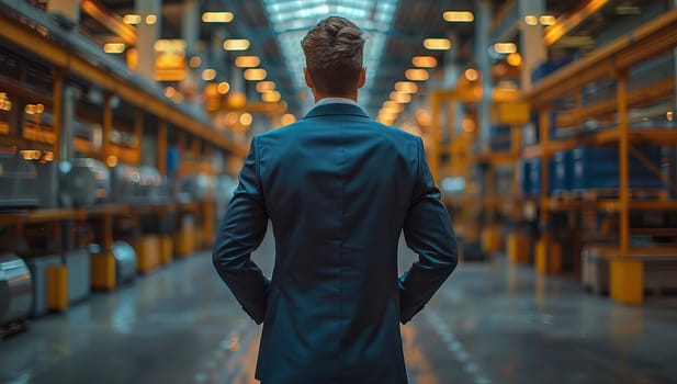 Rear view of young businessman standing with hands on hips in warehouse