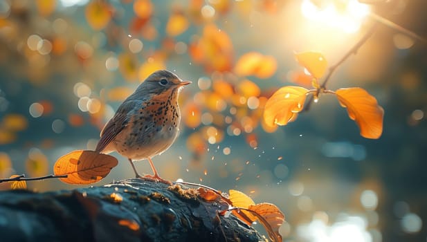 Song thrush perches in autumn forest with golden leaves and sunlight