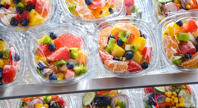 Plastic boxes with pre-packaged fruit salads, put up for sale in a commercial refrigerator