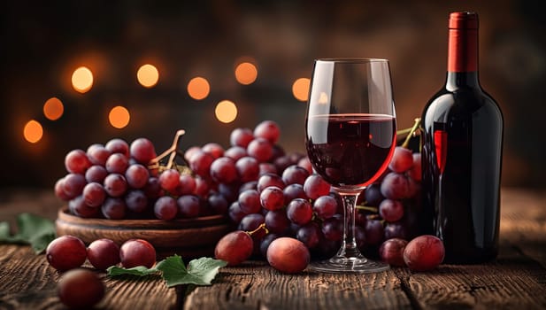 Red wine in glass and grapes on wooden table with bokeh background
