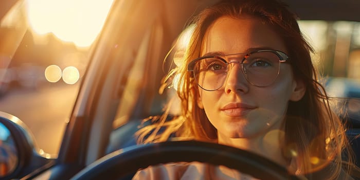 Portrait of a young woman in glasses driving a car at sunset