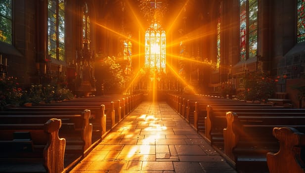 Sunlight illuminates a church interior highlighting the pews and stained glass