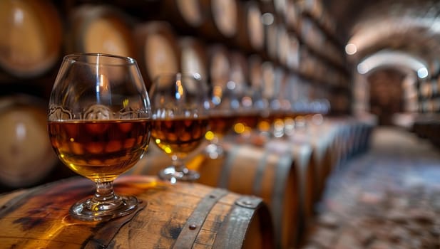 Glasses of cognac rest on barrels in a winery cellar