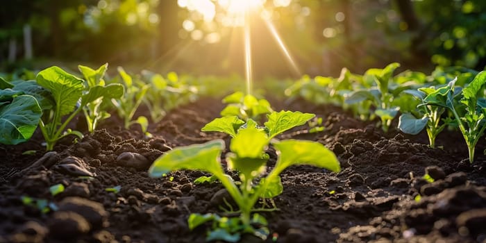Sunset in the vegetable garden with sunbeams and lens flare