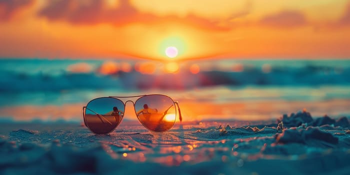Sunglasses on the beach at sunset.