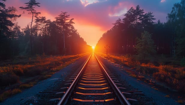 Railway tracks leading into a vibrant sunset amidst a serene forest