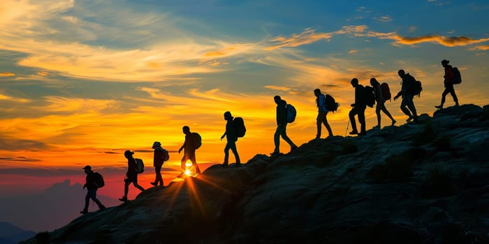 Silhouette of group of tourists walking on the mountain peak at sunset