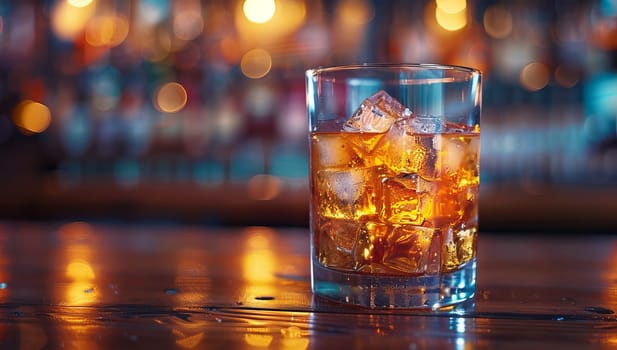 Glass of whiskey with ice cubes on a bar counter in bar.