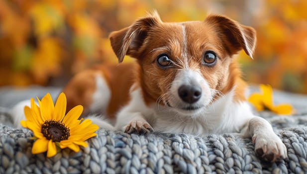Jack russell terrier with yellow flower on knitted background
