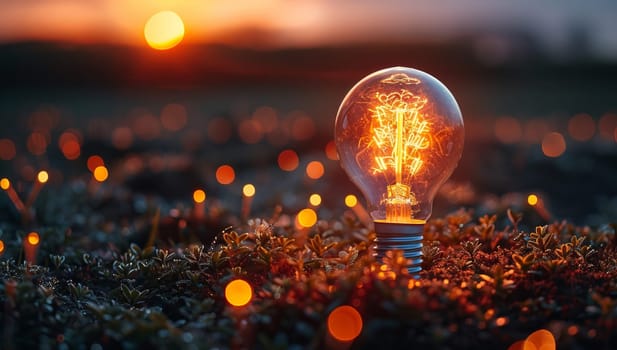 Glowing light bulb illuminating a serene forest at sunset