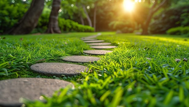 Stone walkway in the green garden with sun light