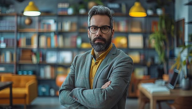 Mature businessman confidently stands in modern office