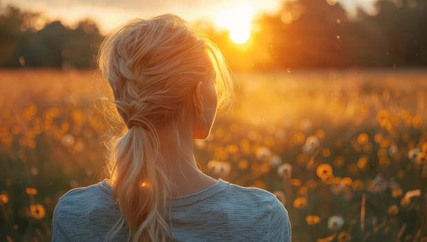 Portrait of a beautiful girl with blond hair in the field at sunset