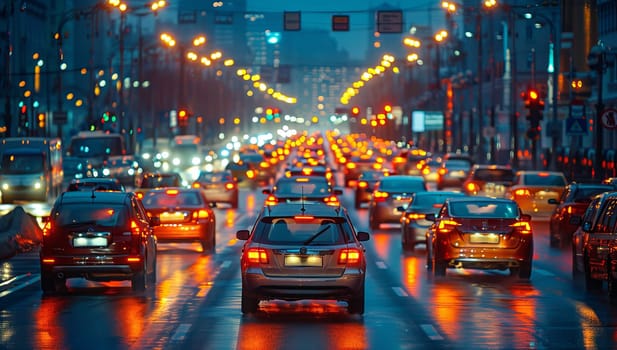 Nighttime traffic jam on a wet city street
