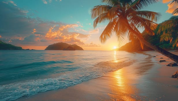 Sunset illuminates a tropical beach with palm trees and serene ocean waves
