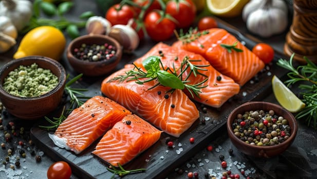 Raw salmon fillet with ingredients for cooking on a dark background.