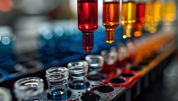 Close up view of colorful test tubes in a laboratory