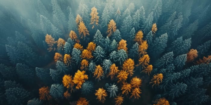 Aerial view of dense forest with a mix of green and golden trees